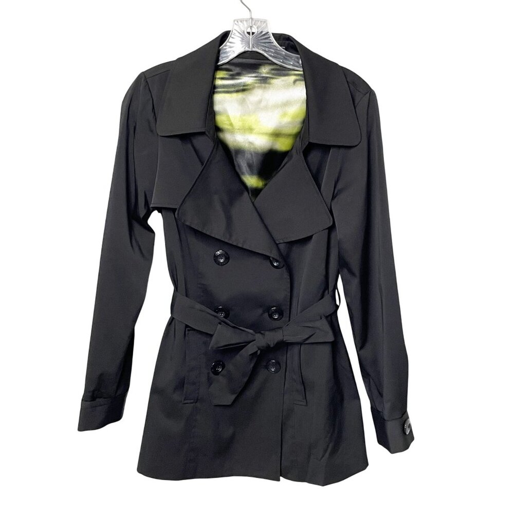 VERTIGO PARIS Trench Coat Black Double-Breasted Button-Down Jacket Belted Sz S